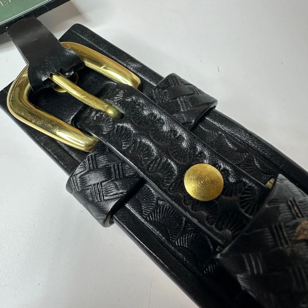 Canterbury Black Basketweave Embossed Belt Gold Tone Buckle Western Sz 34 NEW
